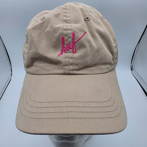 HUF Script Curved Beige Pink Cotton Adjustable Strapback Hat Cap Casual - Picture 1 of 9